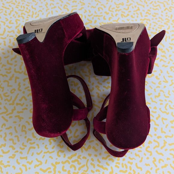 JLo Garnet Red Velvet and Taffeta Bow Platform Wedges 6 - Picture 5 of 5